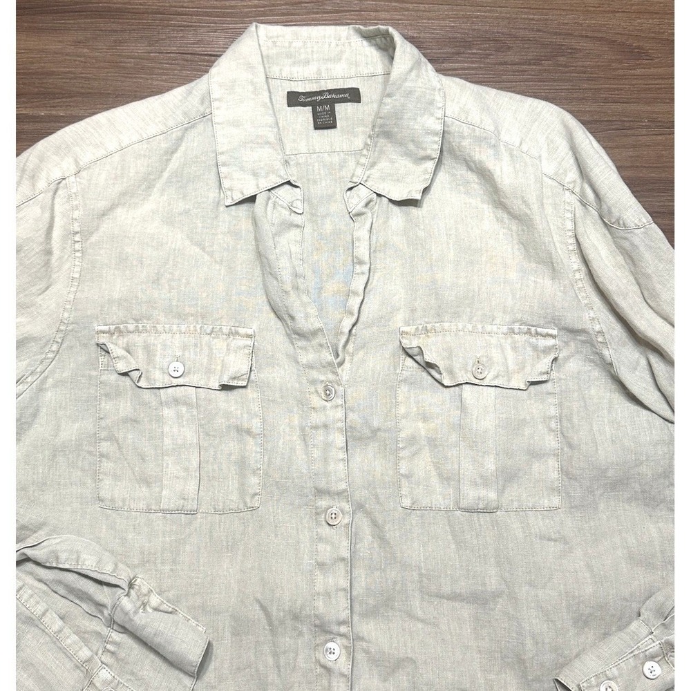 Tommy Bahama Linen Button Down Shirt Women's Roll Tab Sleeves Brown/Tan Sz M